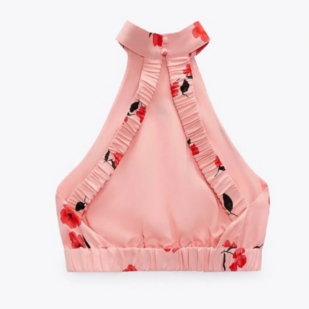 Zara Pink Poppy Floral Halter Crop Top Linen Blend Summer Vacation Backless - Picture 3 of 8